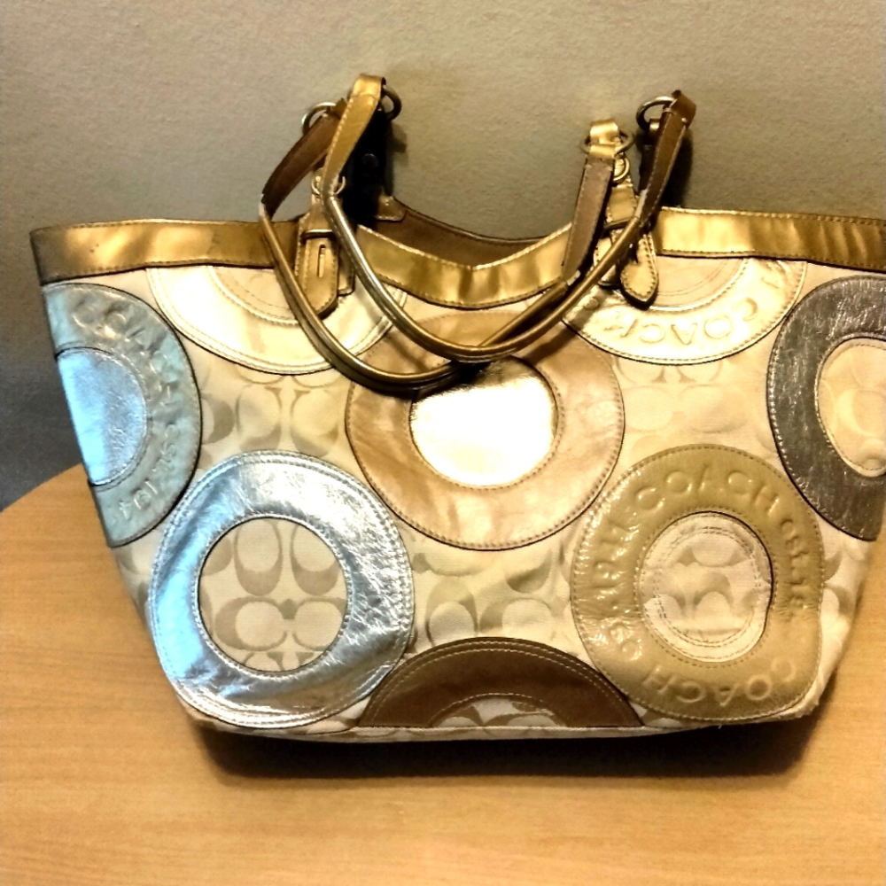 Coach Carly F16180 pieced Patchwork Metallic Signature Leather Tote